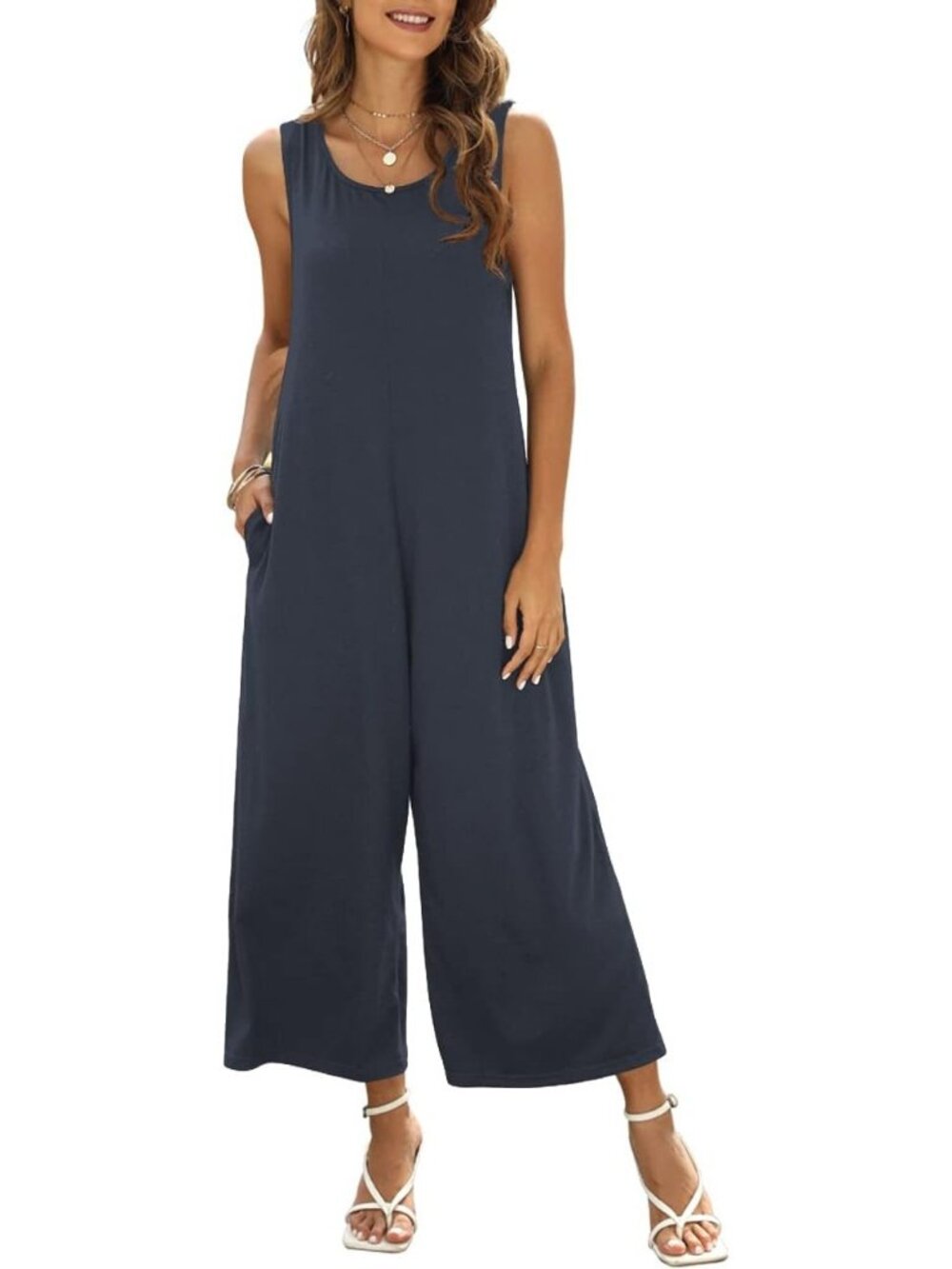 Women's Jumpsuits Dark Gray Crewneck Loose Sleeveless Outfit With Pockets Romper